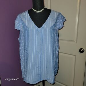 Old Navy Light Blue Striped V-Neck Blouse With Flutter Sleeve Sz: XL
